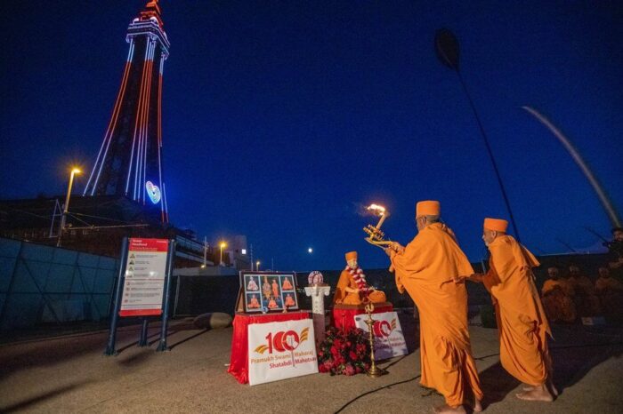 Blackpool Tower lit up in red and white stripes to honour Guru Pramukh Swami Maharaj