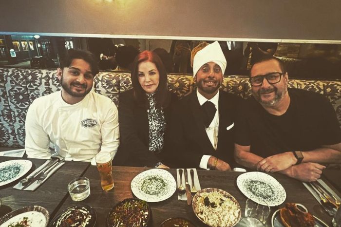 Actress and entrepreneur Priscilla Presley dines out with her team at an Indian restaurant in Glasgow